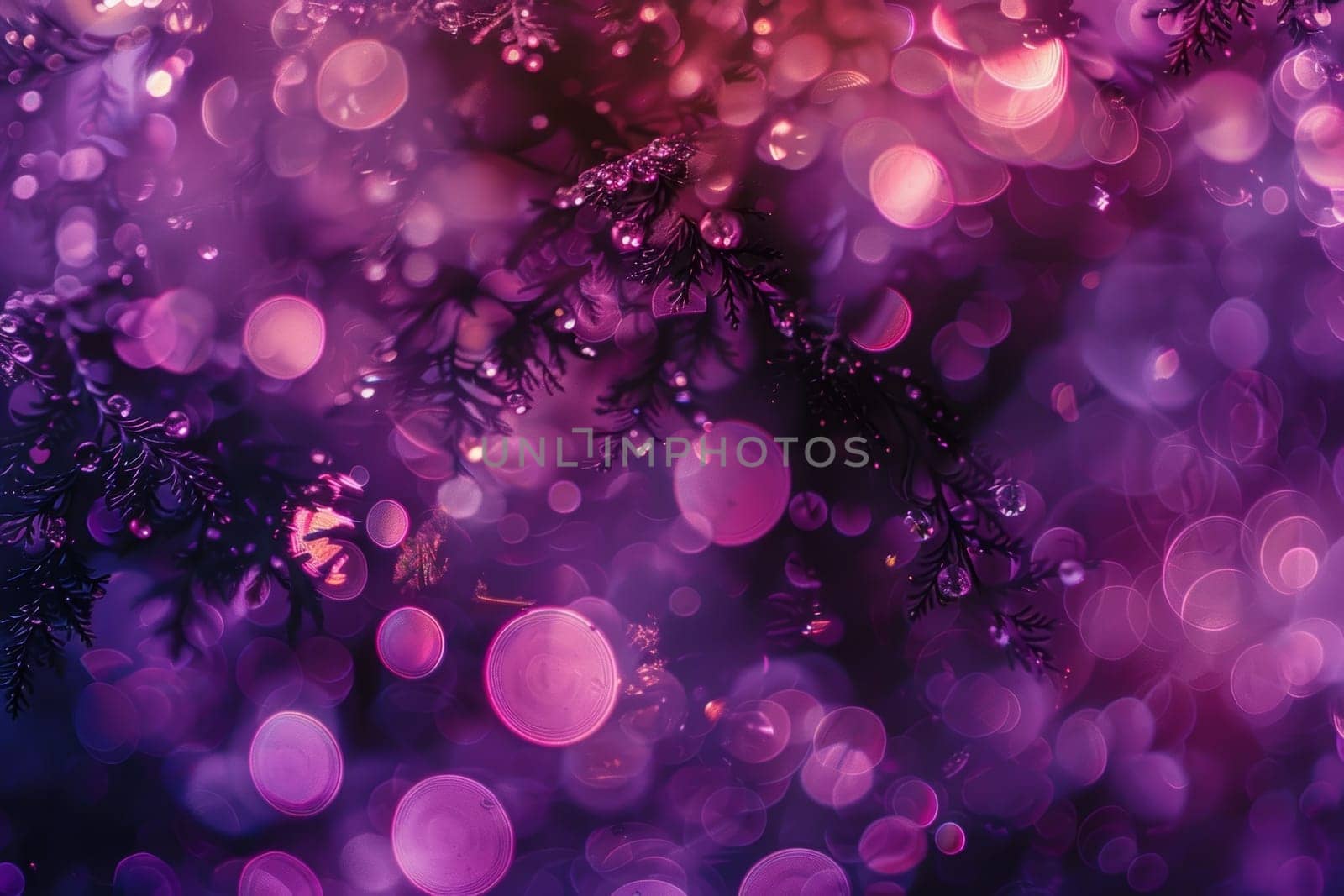 Magical purple forest scene with bokeh lights and silhouettes of branches creating an enchanted atmosphere