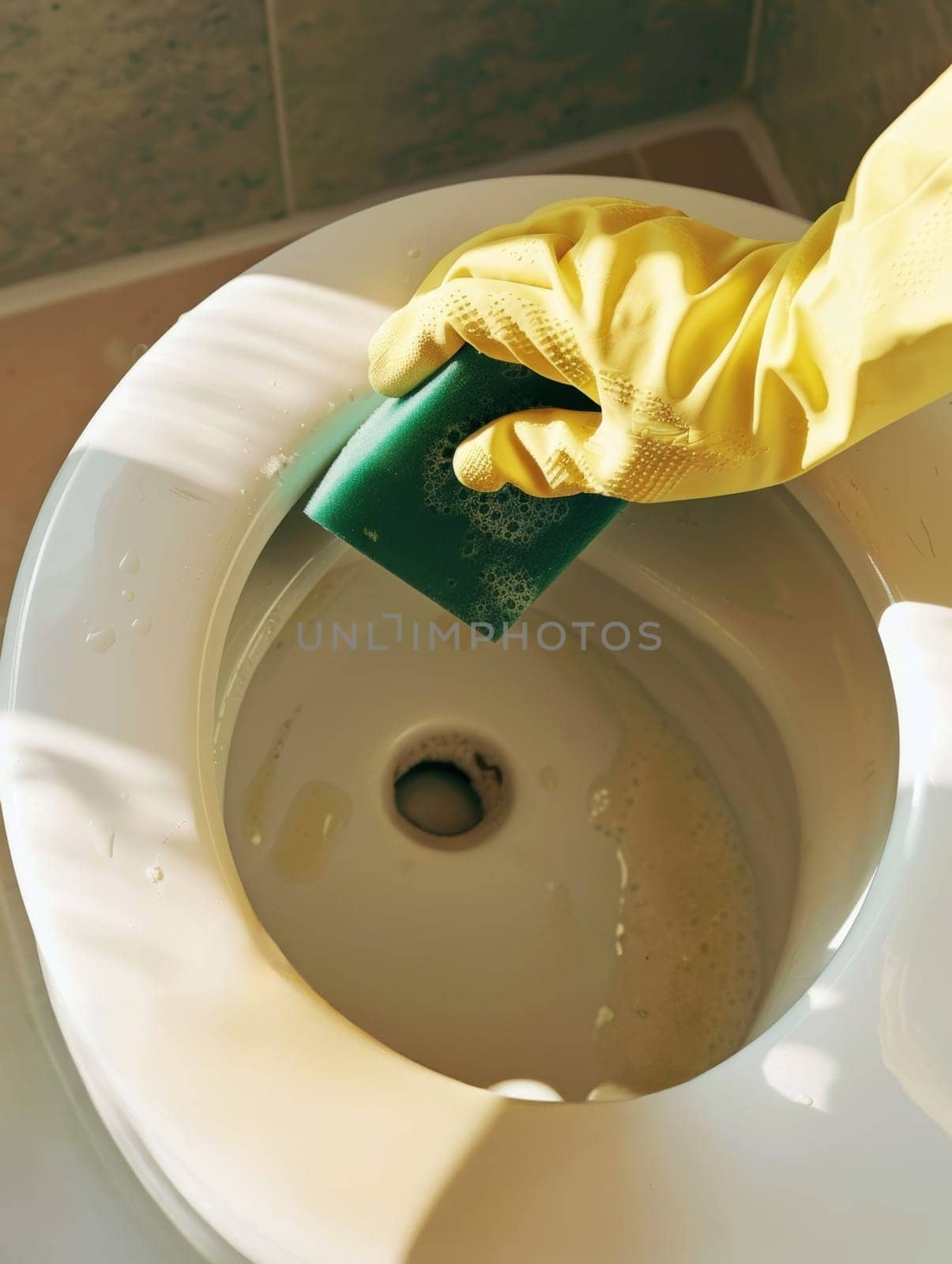 Close-up of hands in yellow gloves scrubbing inside a toilet bowl with a green sponge, showcasing detailed cleaning