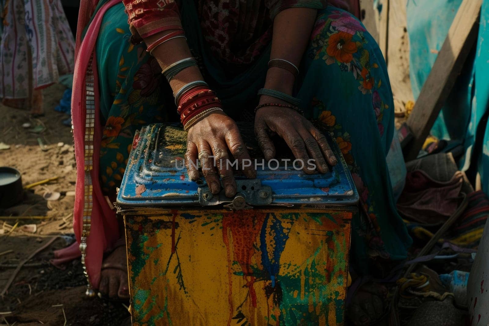 Close-up of hands adorned with bangles resting on vibrant painted box, wearing sari