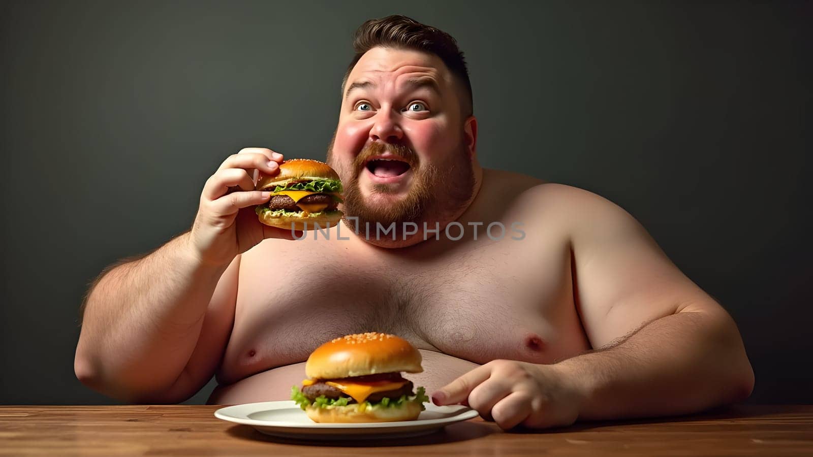 Fat man eating tasty burger