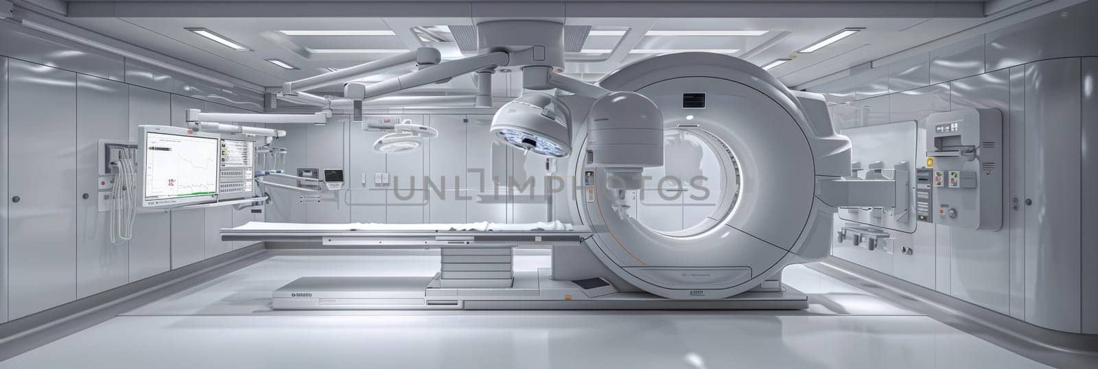 Futuristic white medical imaging room featuring a large MRI scanner and equipment