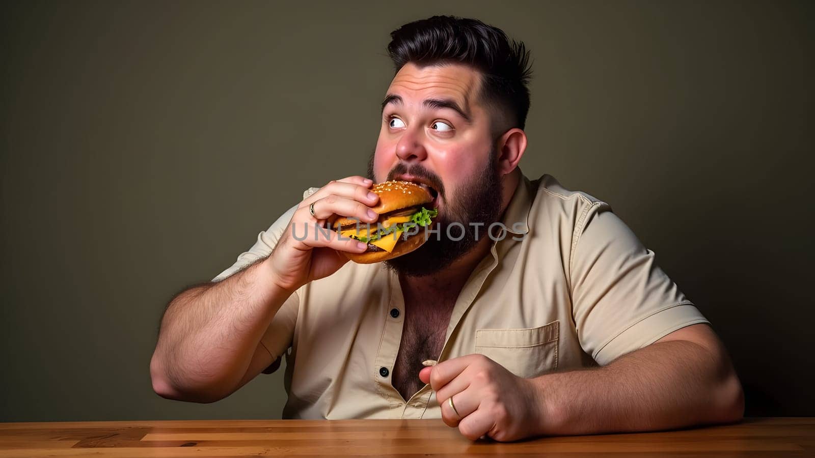 Fat man eating tasty burger