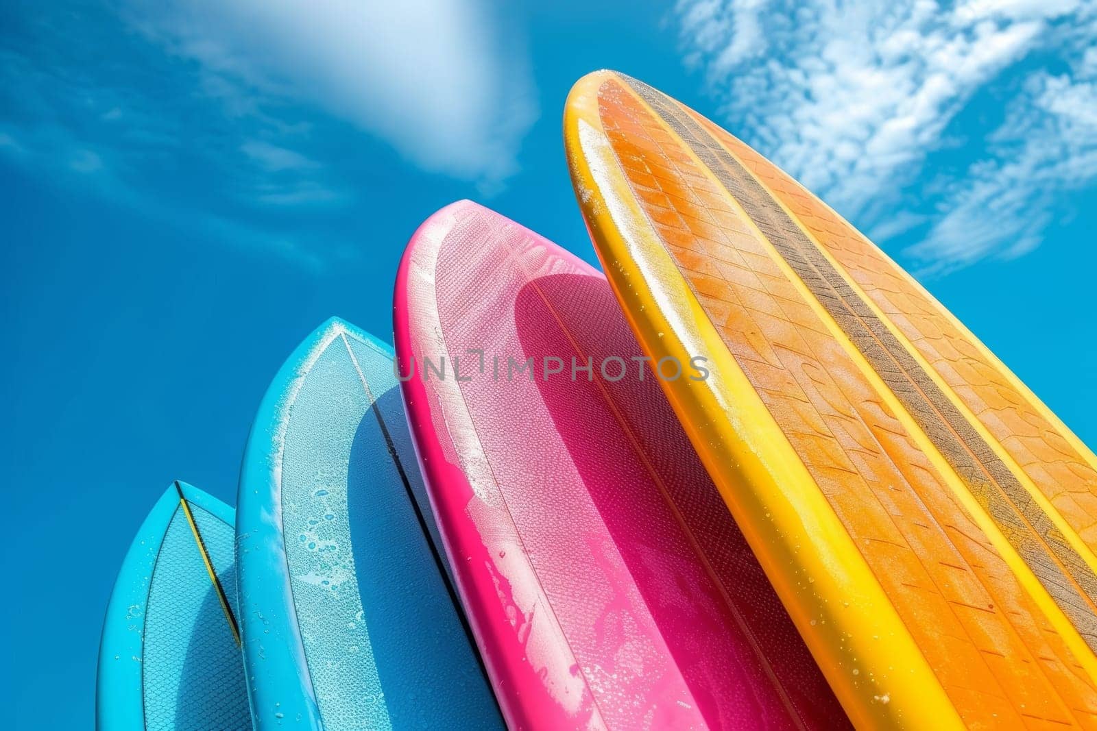Colorful surfboard tips pointing skyward, set against azure sky with white clouds