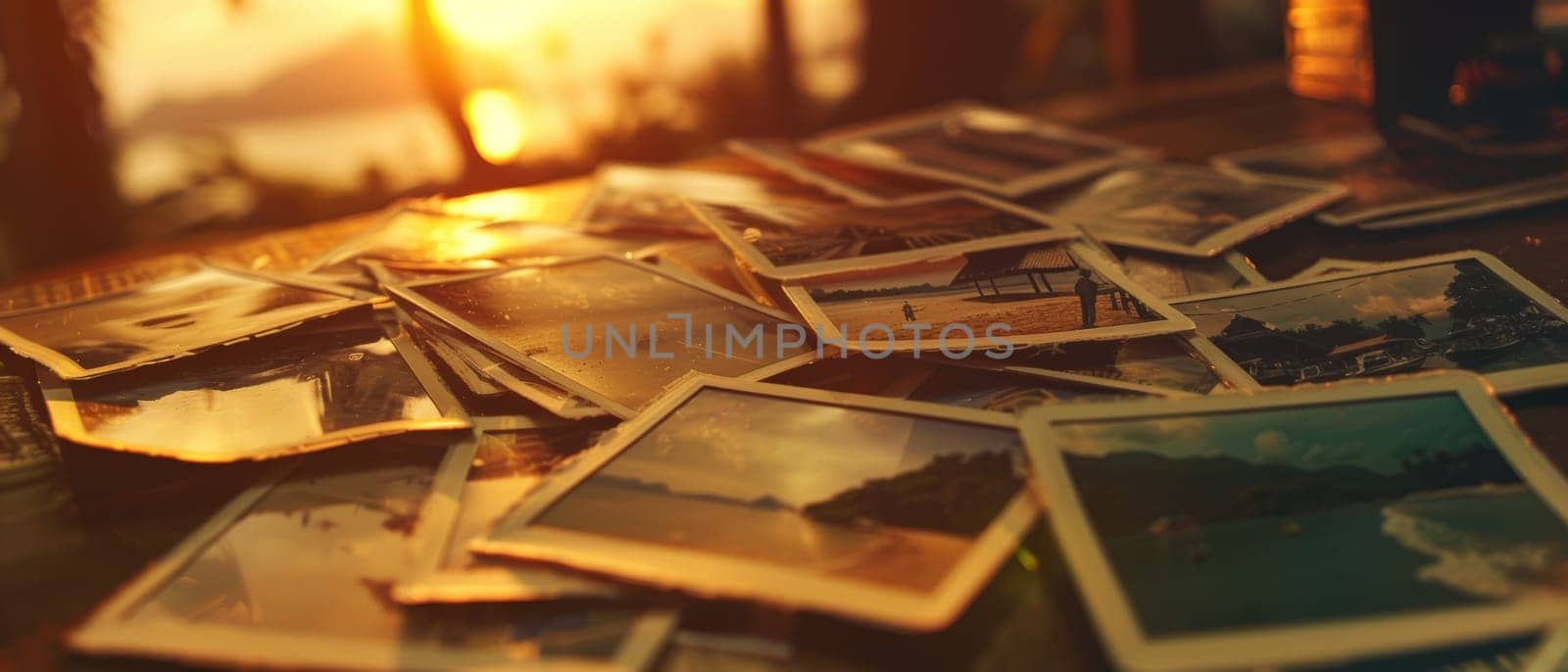 Assorted travel snapshots illuminated by golden sunlight, featuring beach scenes and tropical landscapes