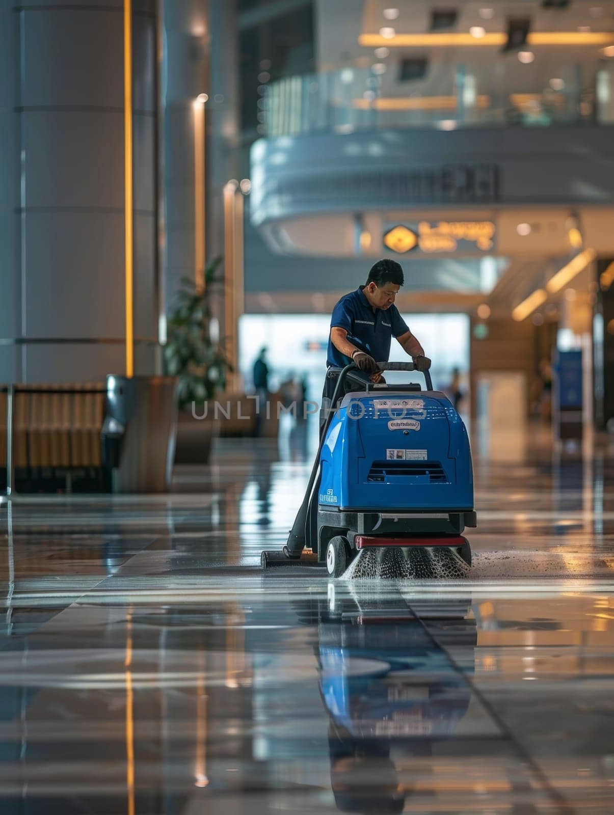 Maintenance worker riding blue floor cleaning machine in spacious airport terminal with reflective floors