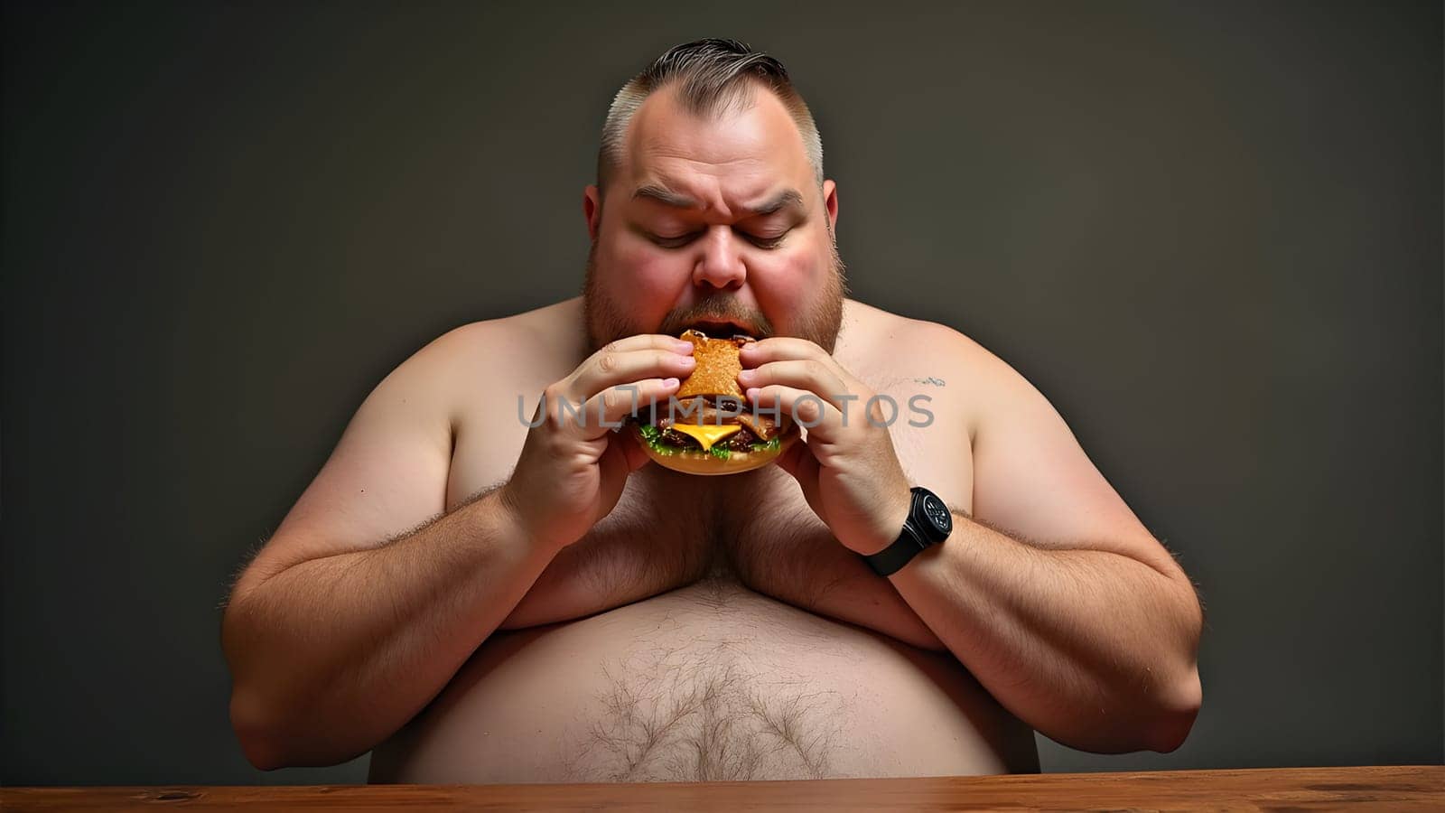 Fat man eating tasty burger