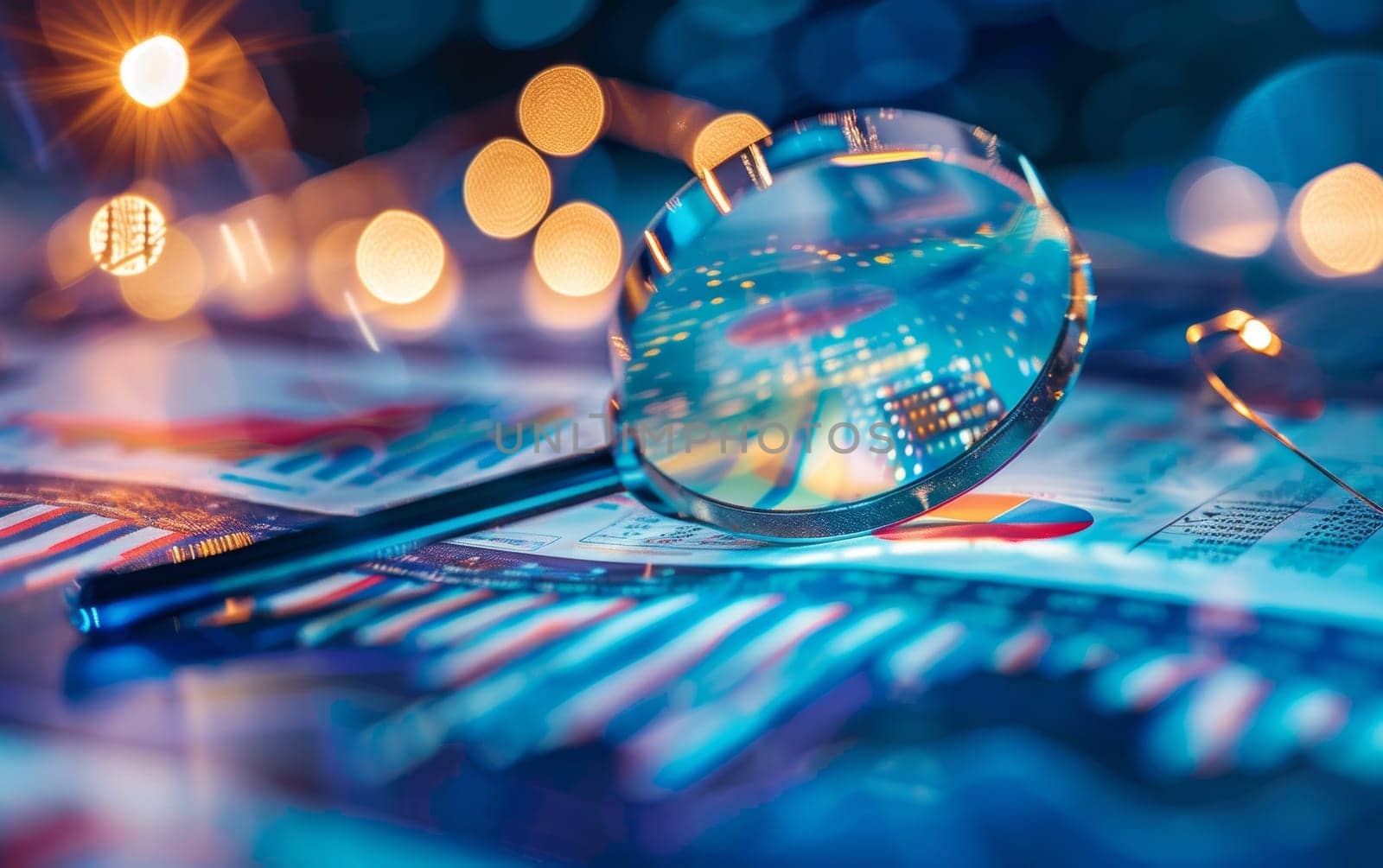 Magnifying glass reflecting city lights on financial charts and graphs