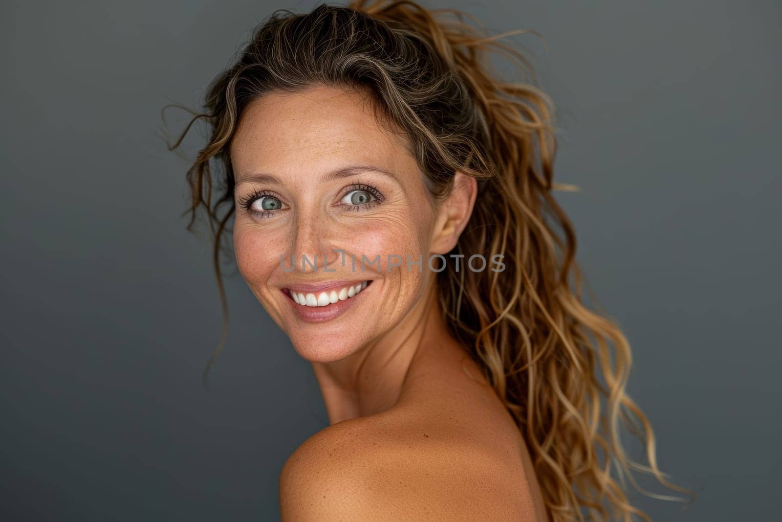 Portrait of a happy woman with freckles and highlighted hair in natural light