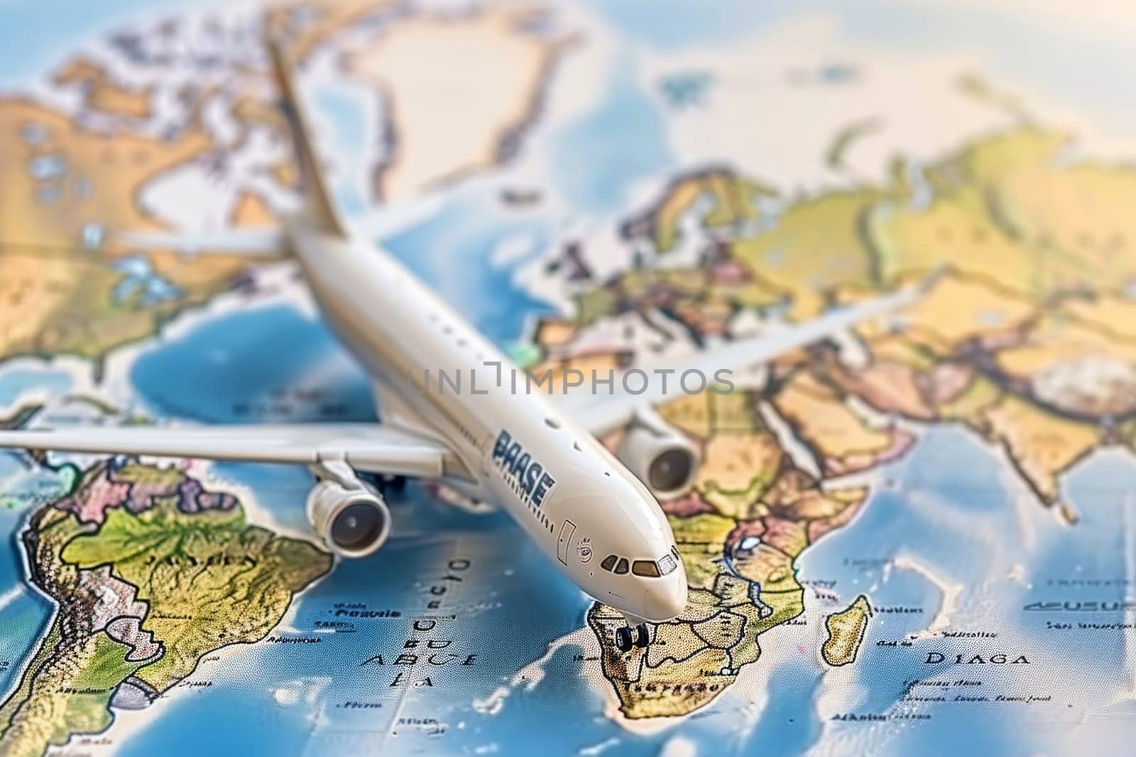 Toy airplane on world map, symbolizing international air travel and global connectivity