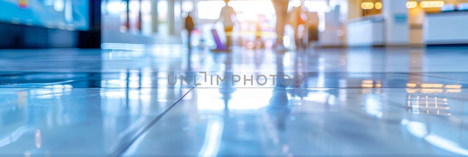 Shiny blue floor reflecting silhouettes and lights in a modern public building interior