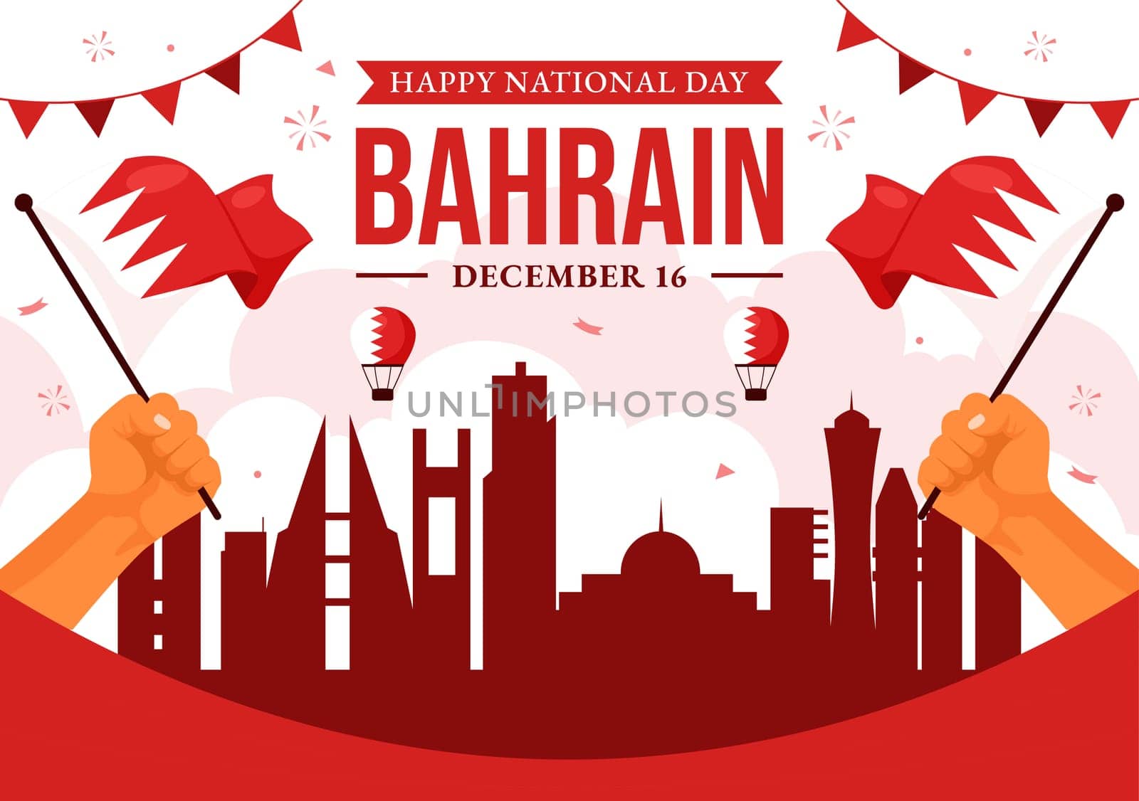 Happy Bahrain National Day Vector Illustration on December 16th, Featuring a Waving Flag in a Patriotic Holiday, in a Flat Style Cartoon Background