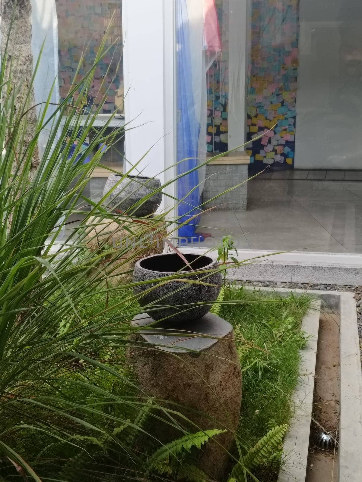 A serene indoor garden with lush greenery and a decorative stone pot. The setup provides a calming aesthetic, perfect for relaxation and contemplation.