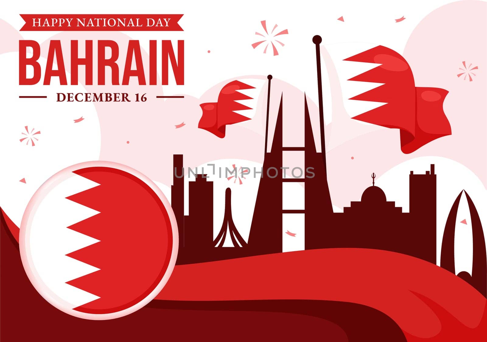 Happy Bahrain National Day Vector Illustration on December 16th, Featuring a Waving Flag in a Patriotic Holiday, in a Flat Style Cartoon Background