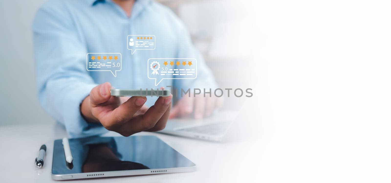 Businessman holding smartphone ask customers about their service experience and Rating for a satisfaction survey, Evaluation of product service quality by customers, Positive customer feedback.