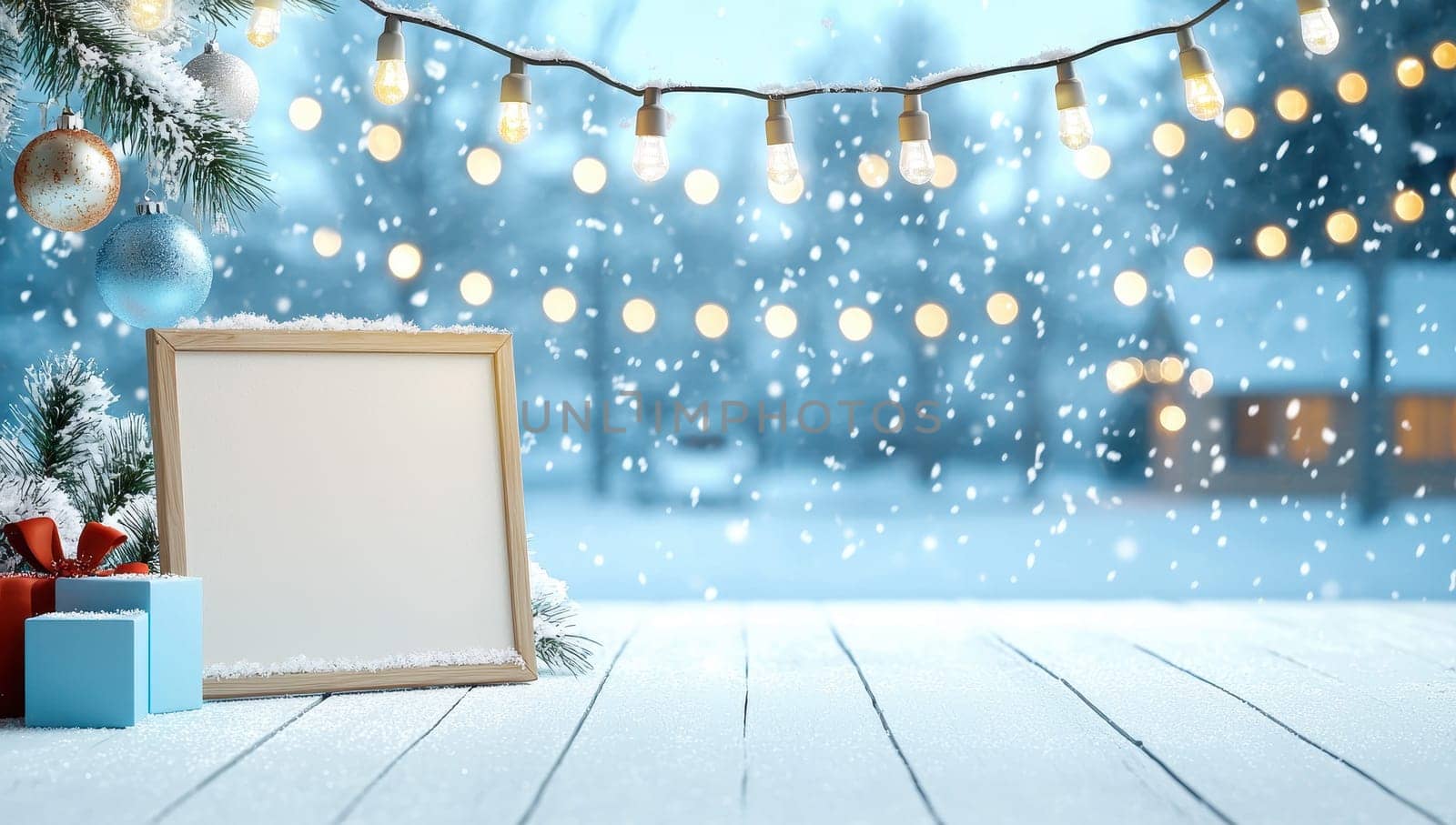 Winter scene with blank frame, Christmas decorations, and snow. Perfect for holiday greetings.