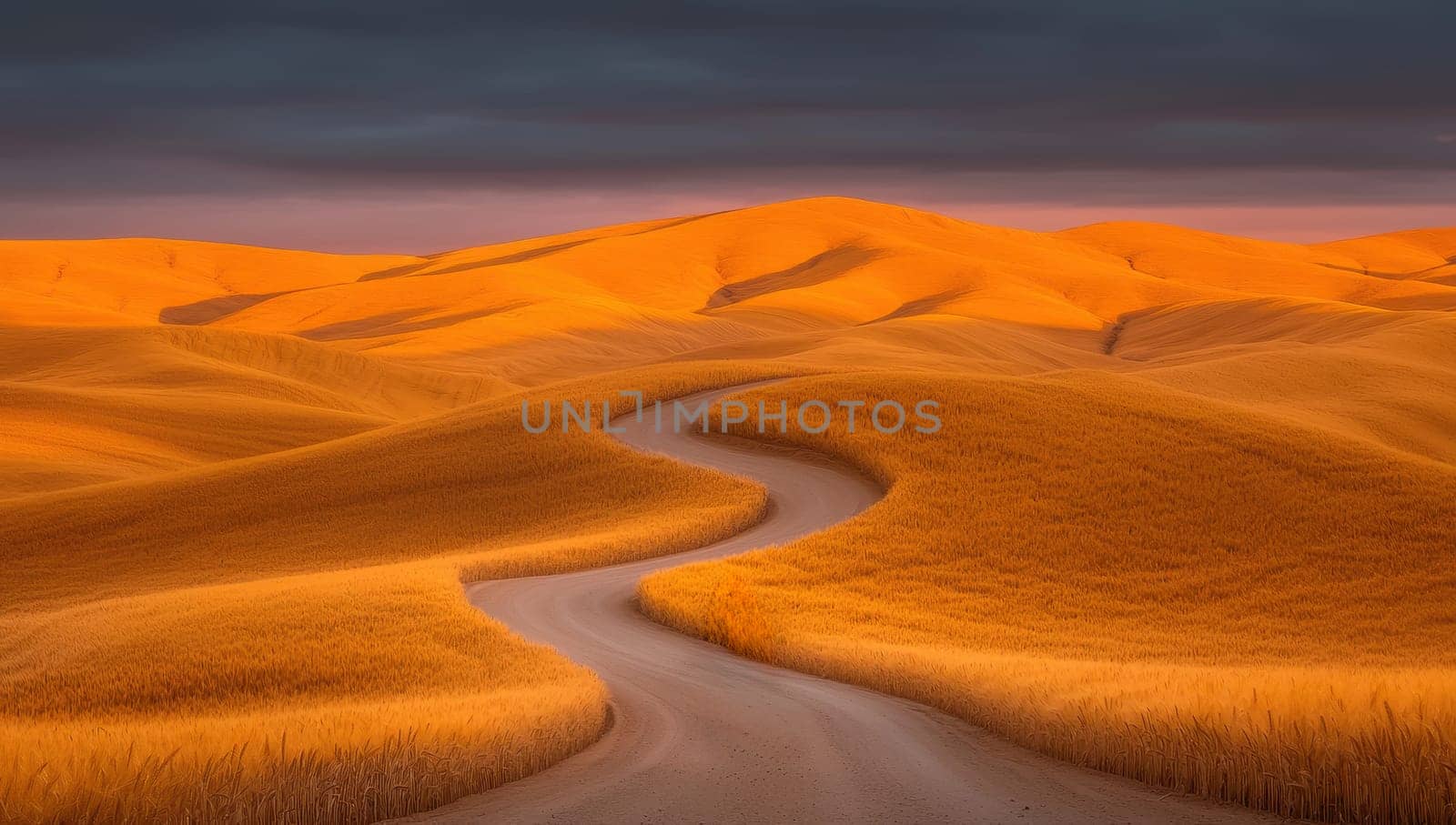 Winding road through golden hills at sunset. Scenic landscape of nature.