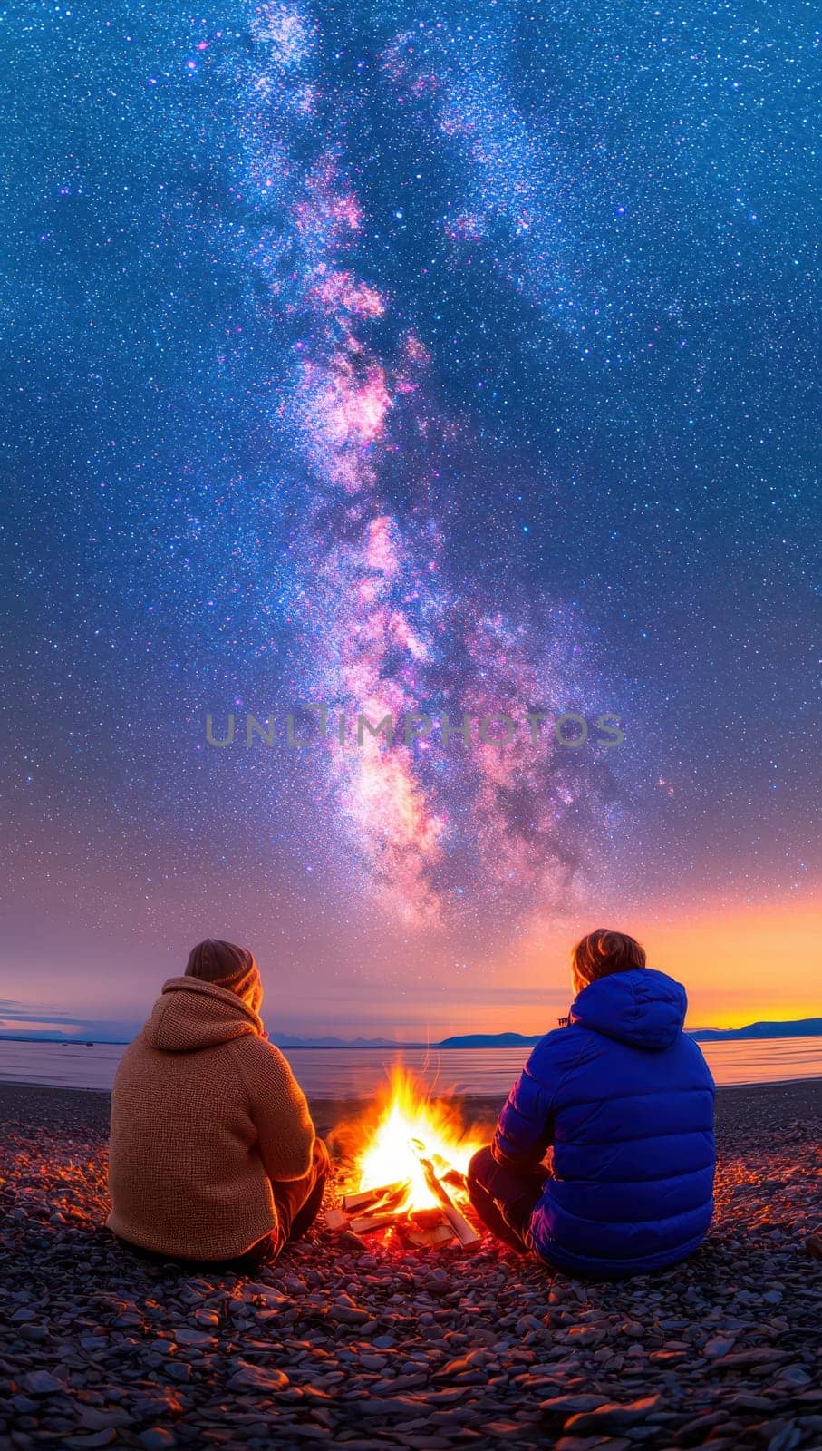 Two people sitting by a campfire under a starry sky with the Milky Way.
