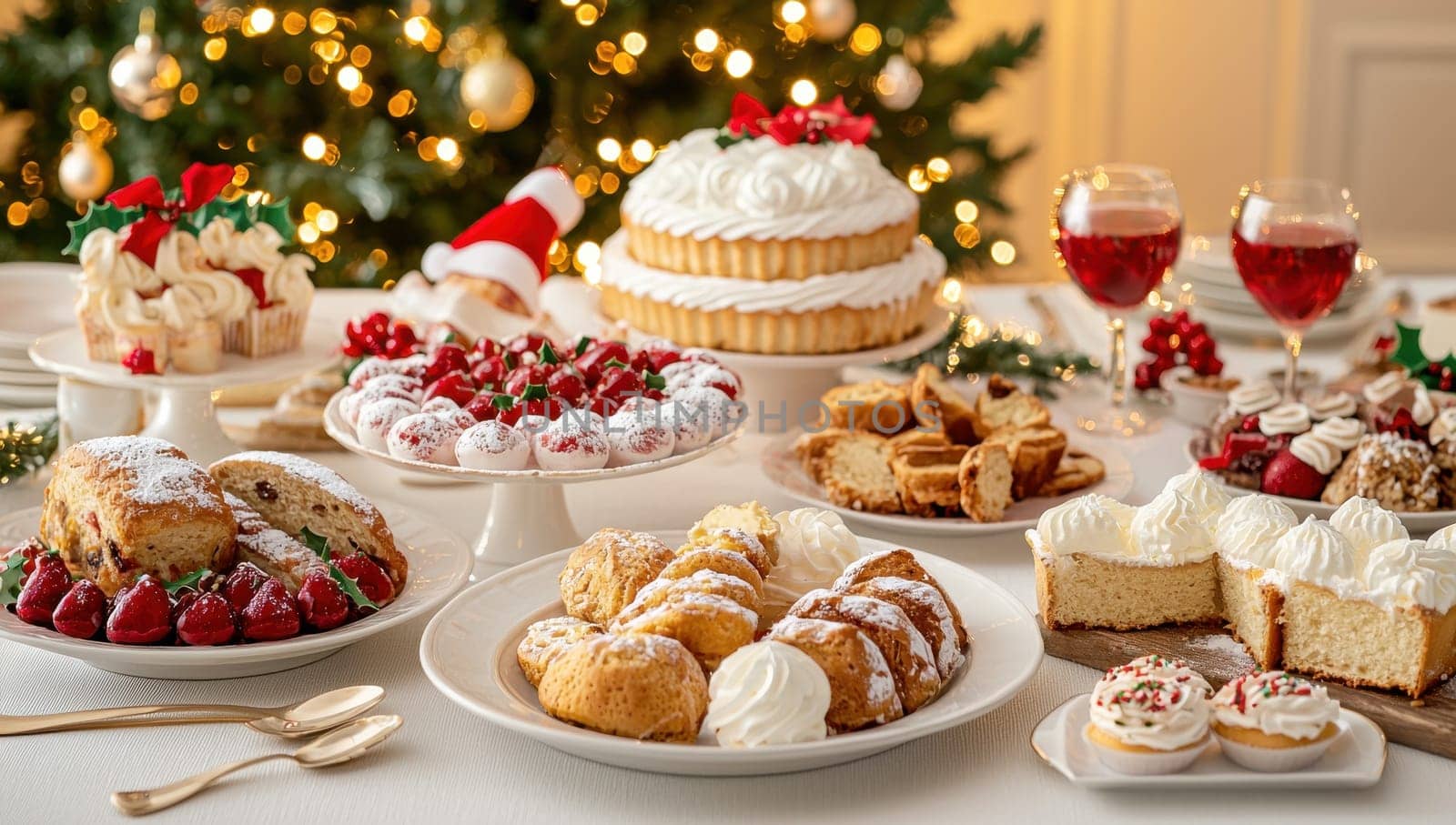 Festive holiday dessert table with cakes, cookies, and drinks. Celebration and joy.