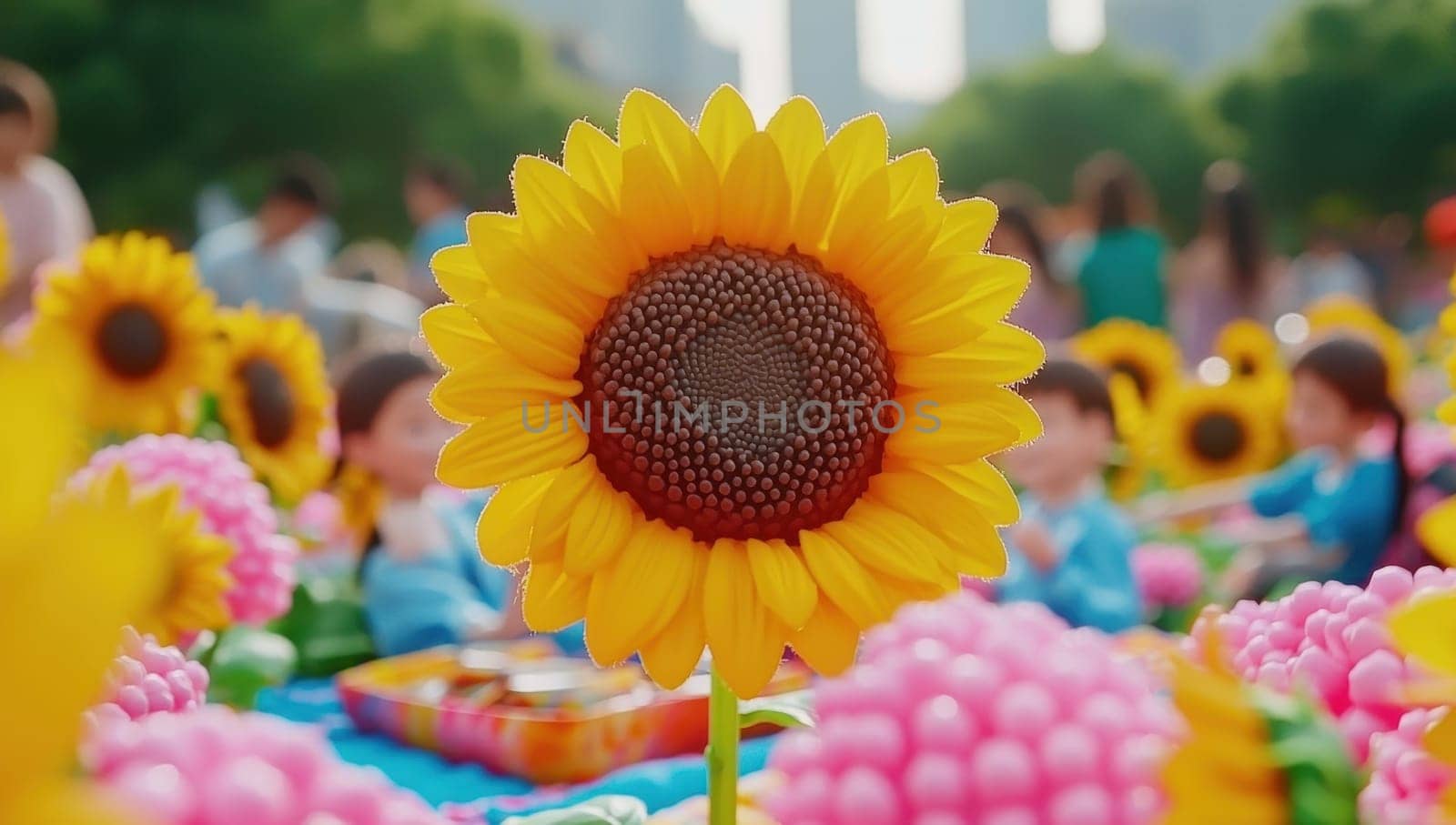 Close up of a sunflower in a vibrant outdoor setting with people enjoying a picnic.