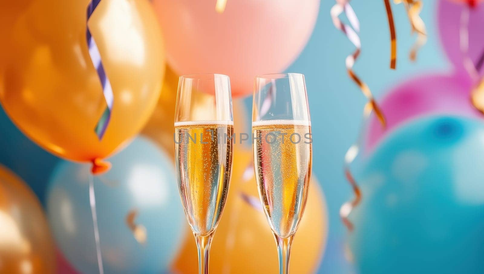 Celebration with champagne glasses and colorful balloons. Concept of joy and festivity.