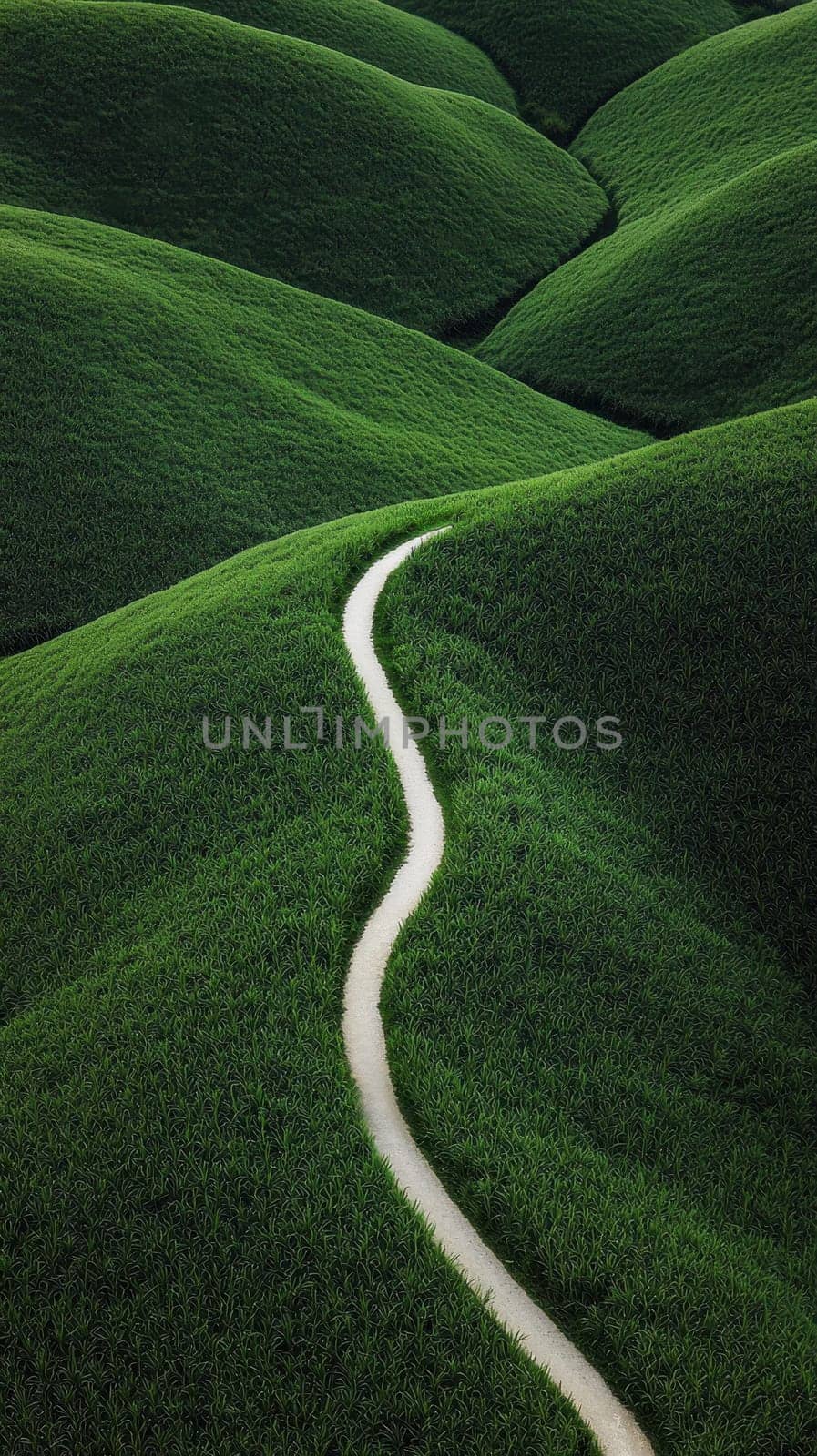 Winding path through lush green hills. Concept of nature, tranquility, and exploration.