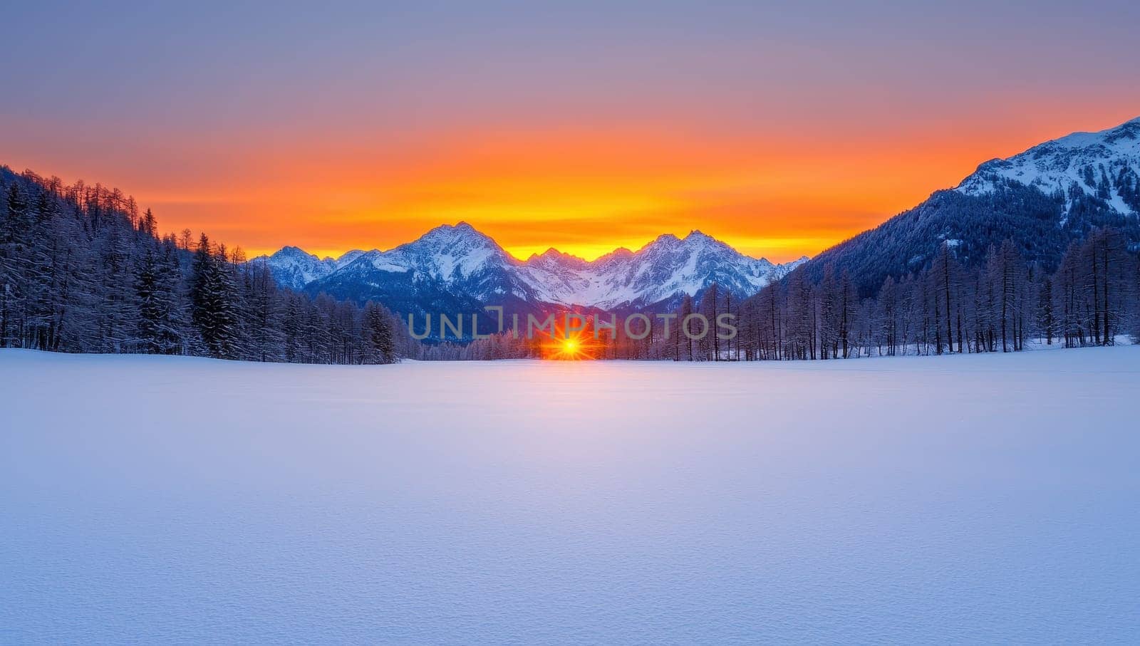 Stunning winter sunset over snow covered mountains and valley.