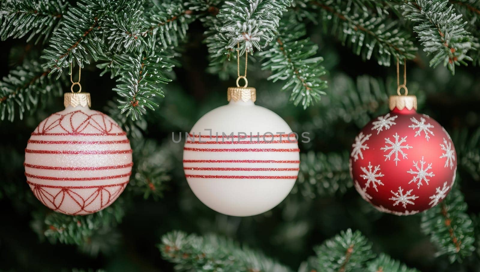 Christmas ornaments hanging on a tree. Festive holiday decoration.