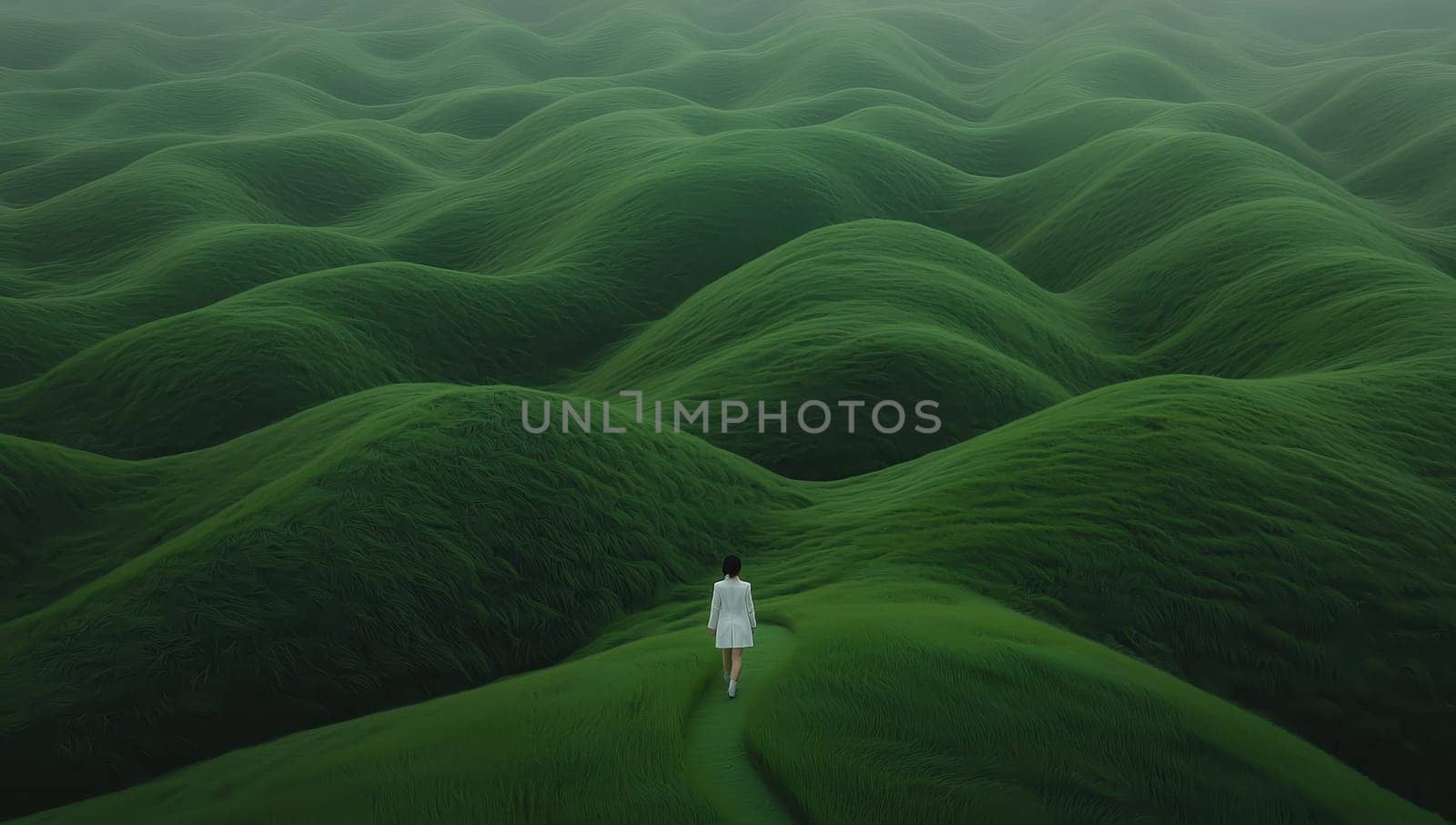 Woman walking alone on rolling green hills. Concept of journey, solitude, and nature.