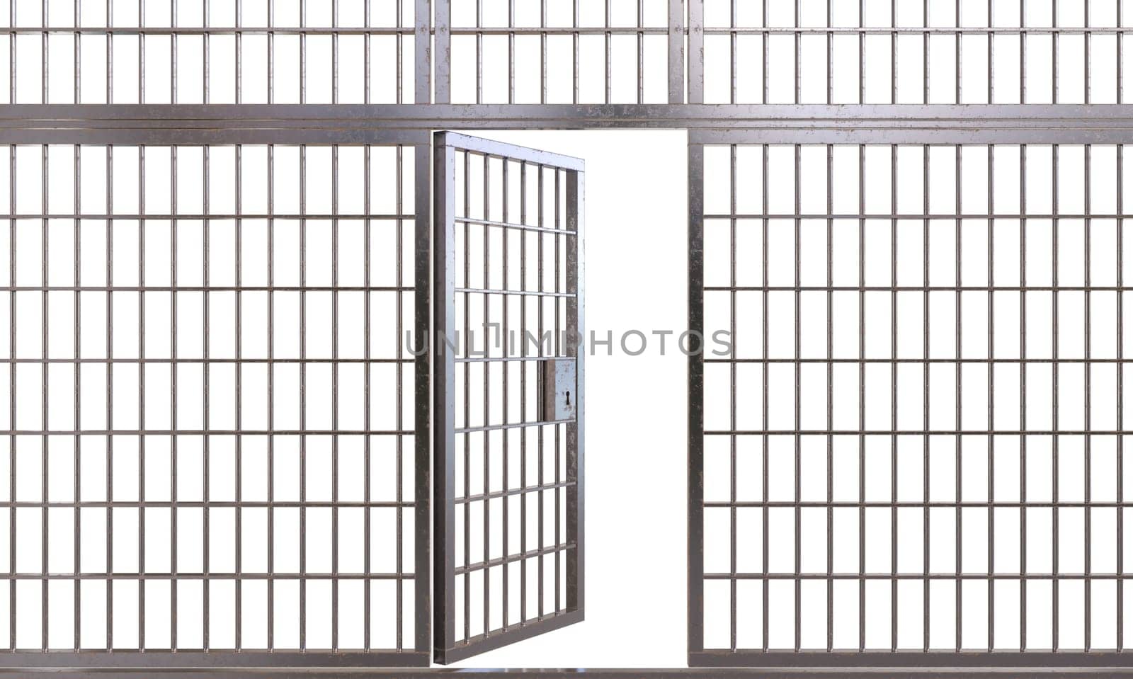 Open jail cell door on a transparent background 3d, symbolizing freedom