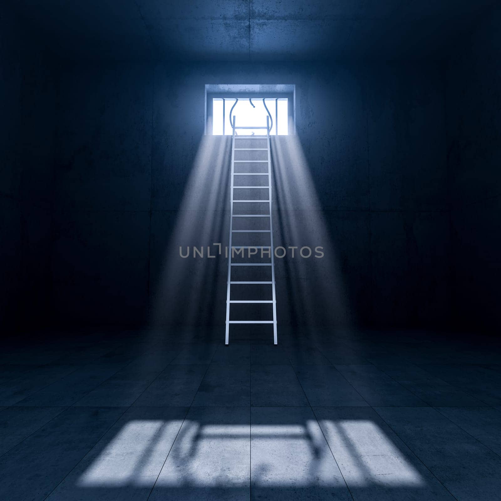 Ladder leading to freedom from dark room through barred window 3d