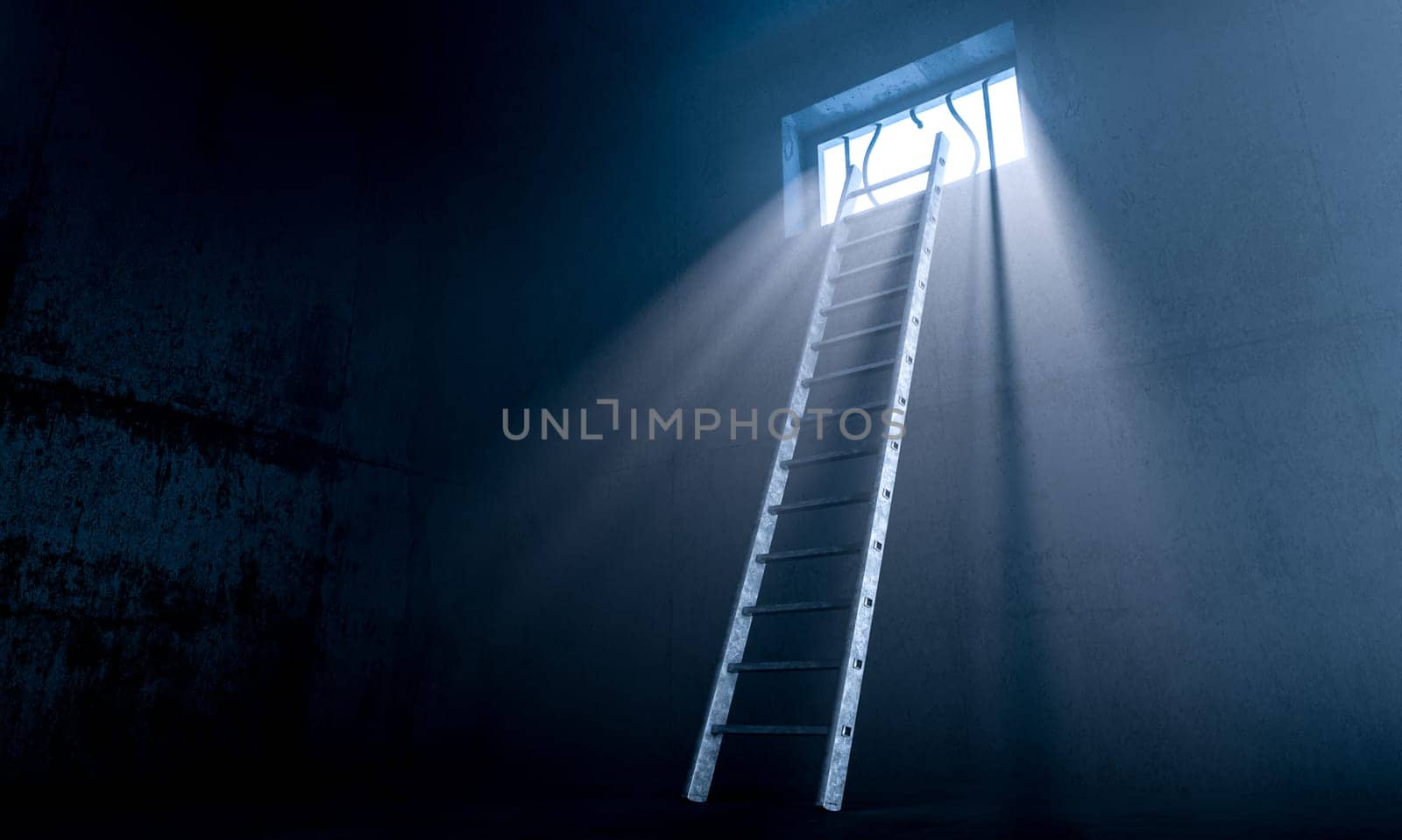 jail ladder freedom through barred window opening 3d