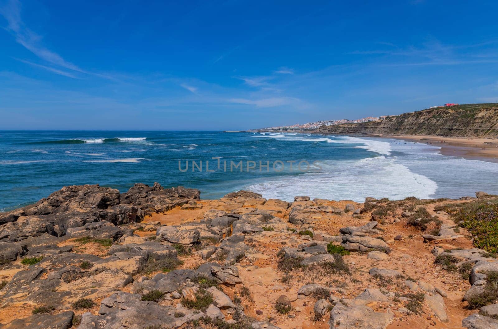 View of ocean waves and fantastic rocky coast in Ericeira, near Lisbon. Portugal