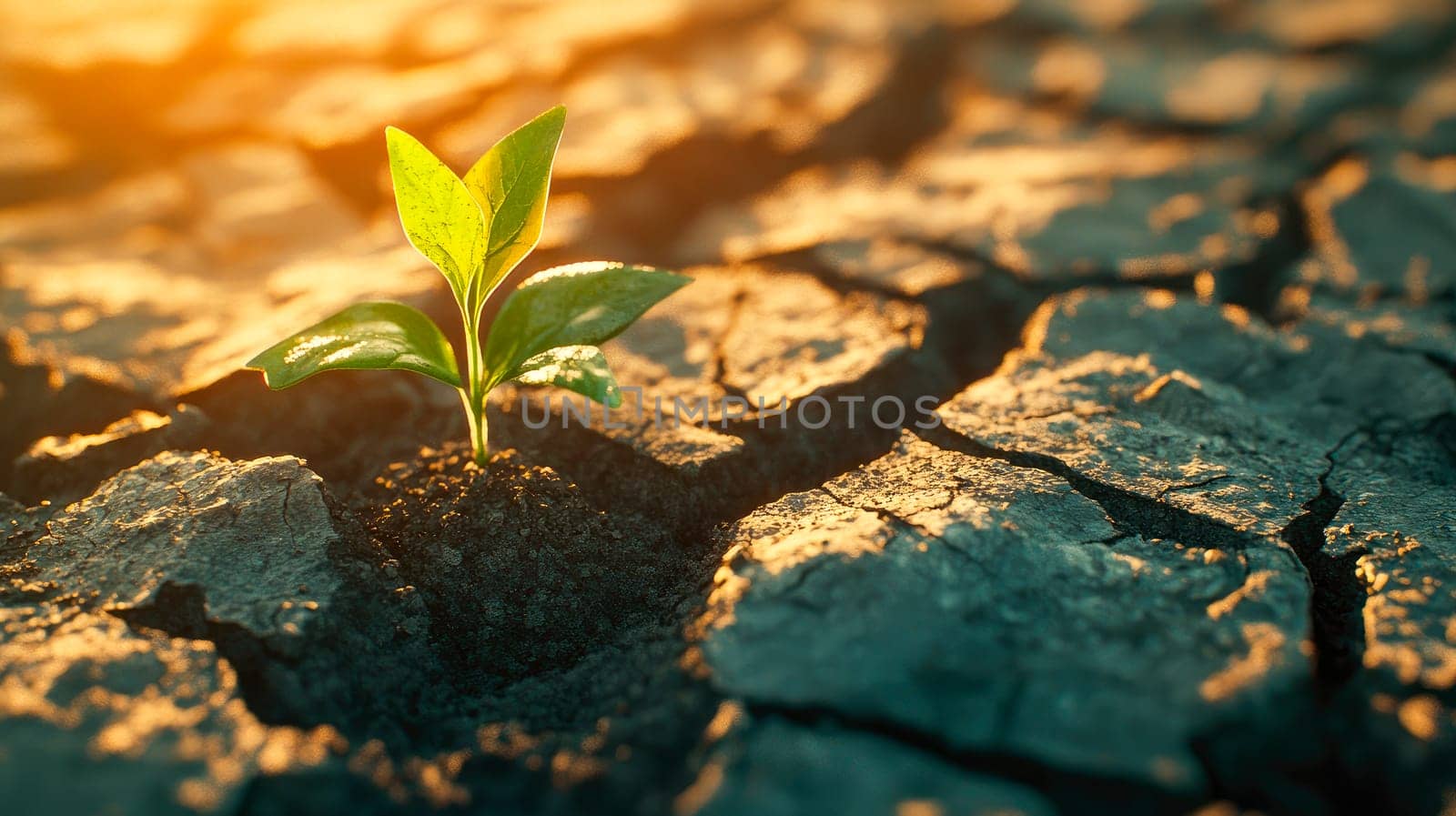 Green plant growing from cracked earth. New life. AI generated