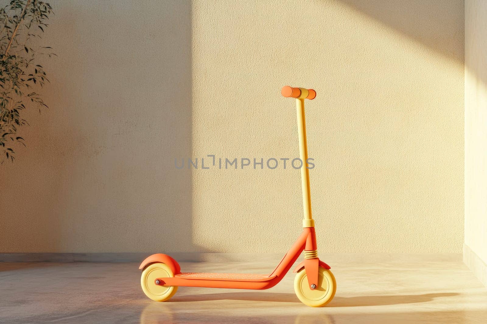 Eco-friendly kick scooter in empty sunny room. AI generated