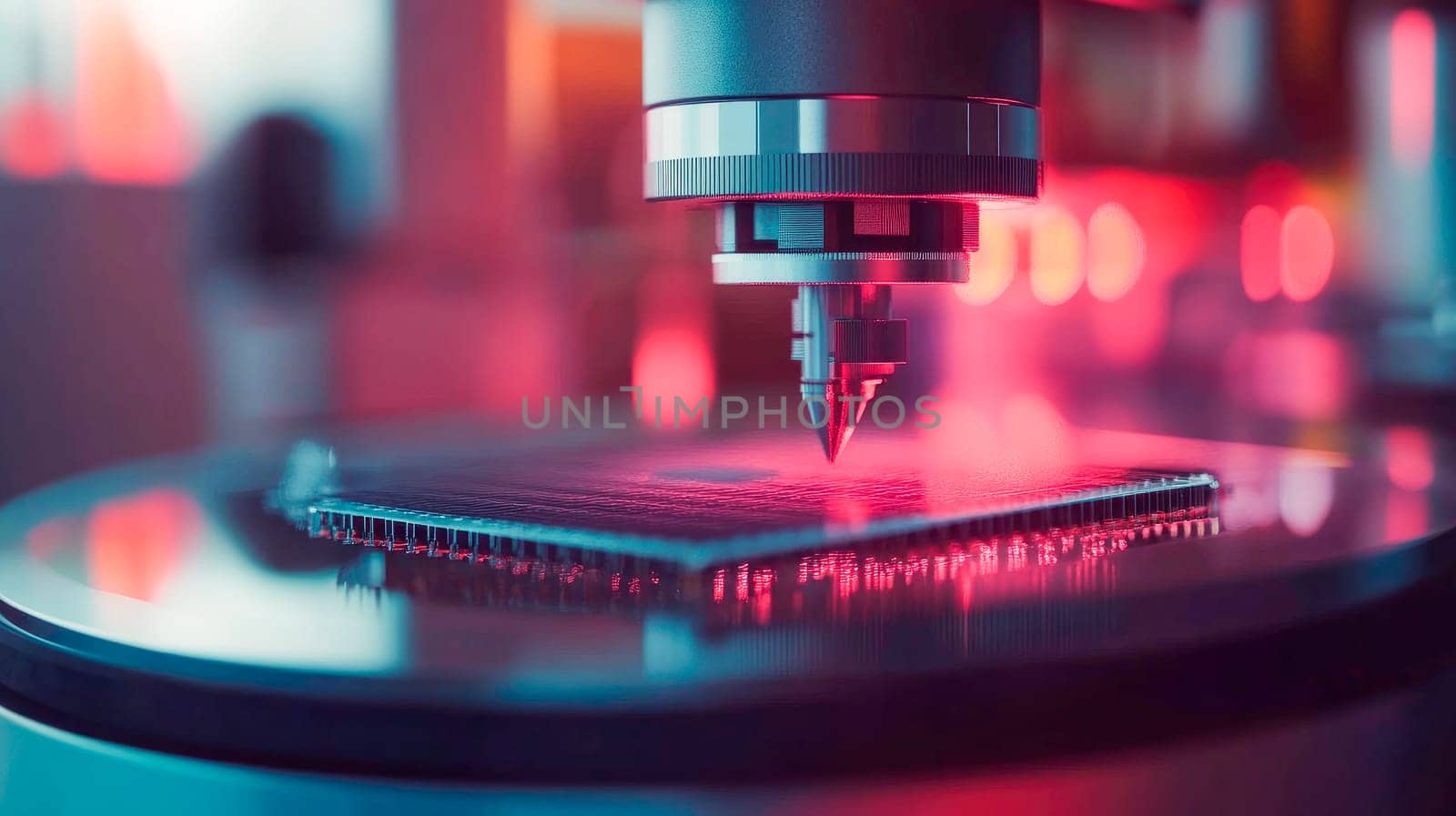 An advanced micro-scaling machine creating microchips. Precision and technology in high-tech manufacturing. AI generated