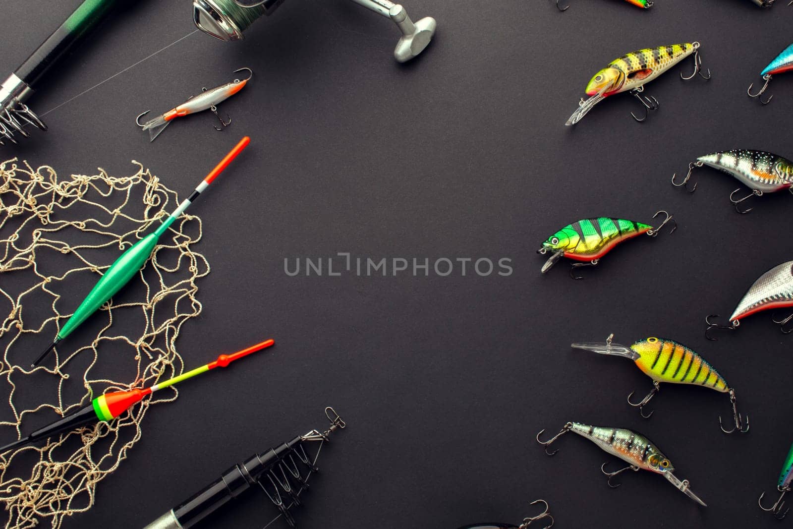 high angle colorful fishing bait with net. High resolution photo