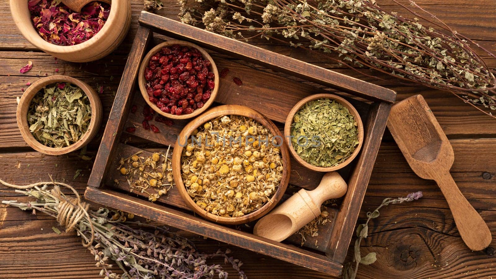 natural various herbs wooden box. High resolution photo