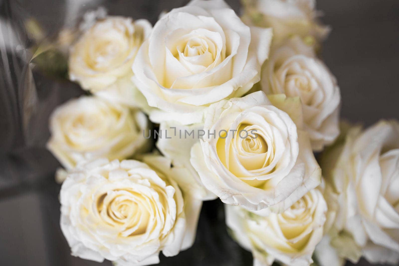 overhead view fresh white bouquet roses. High resolution photo