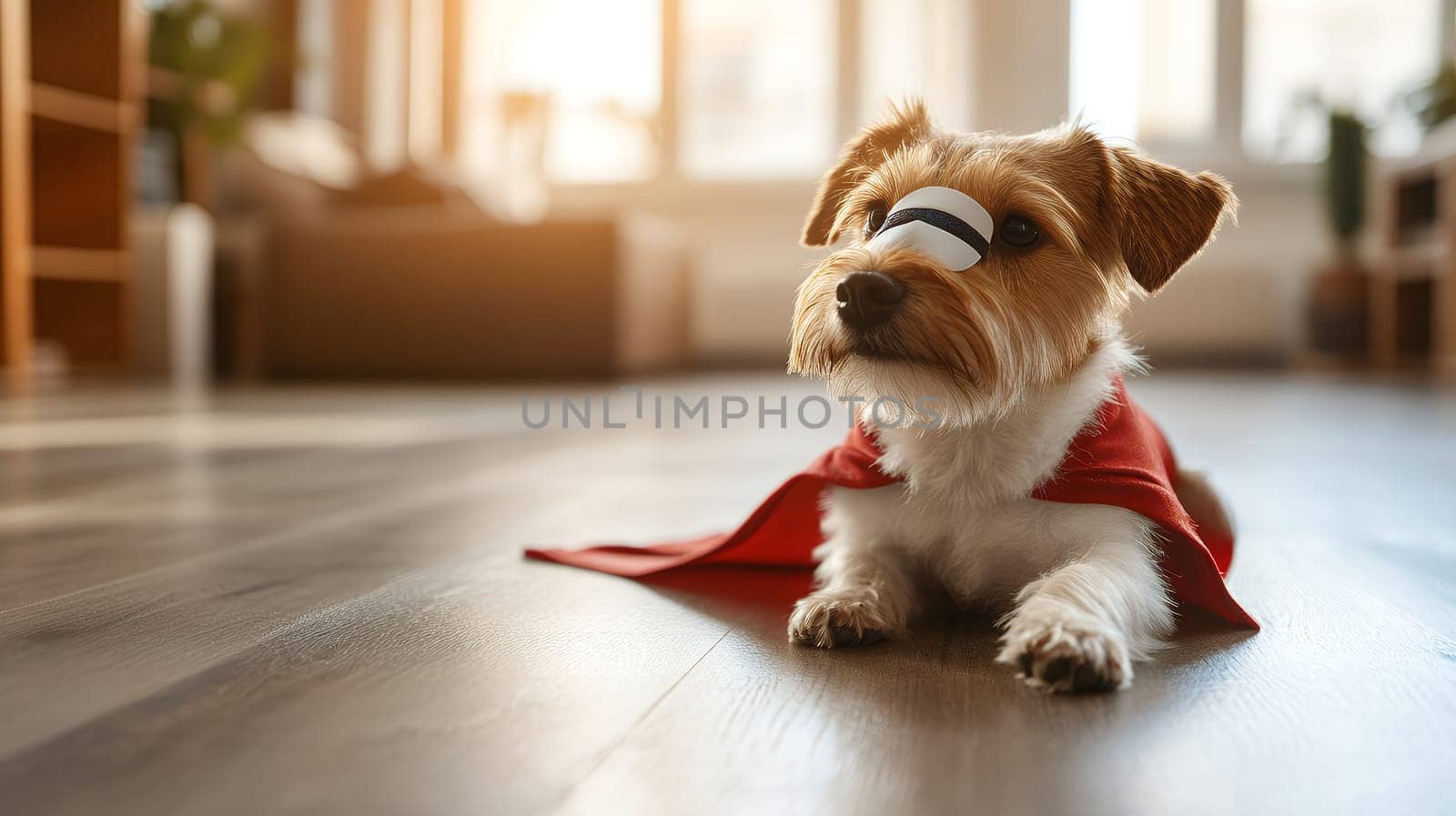 Adorable dog in a superhero cape lying on the floor, capturing a playful and heroic spirit.
