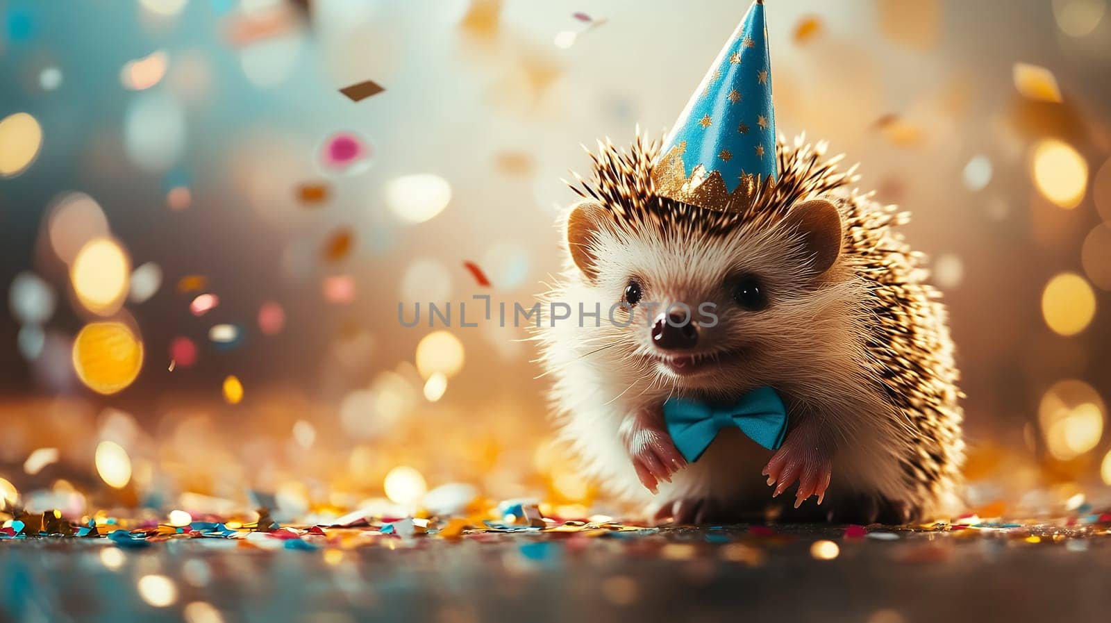 A festive hedgehog wearing a party hat and bow tie, surrounded by colorful confetti.