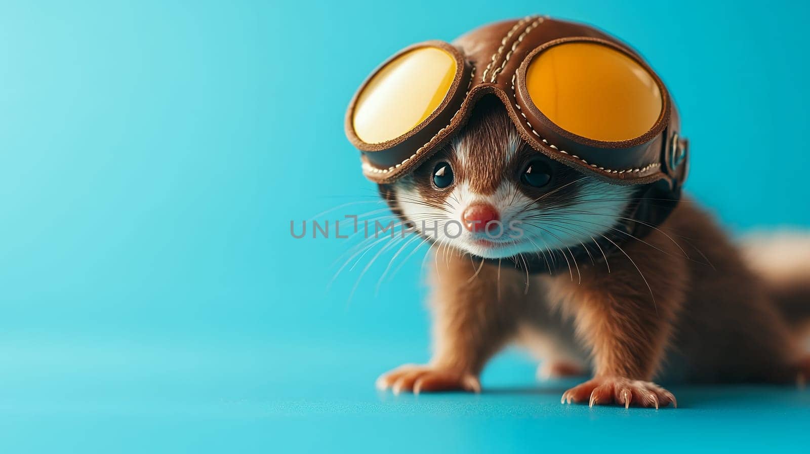 Playful ferret sporting aviator goggles, exuding adventure and curiosity on a vivid background.