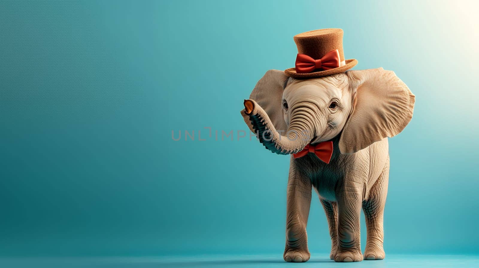 Elegant elephant wearing a top hat and bow tie on a teal background, showcasing grace and charm.