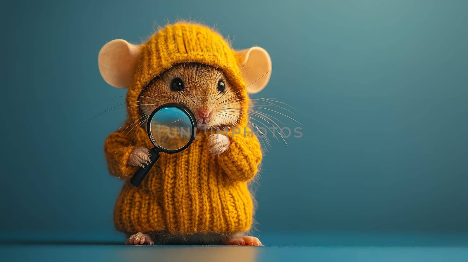 A cute mouse in a yellow sweater, holding a magnifying glass, embodying curiosity and adventure.