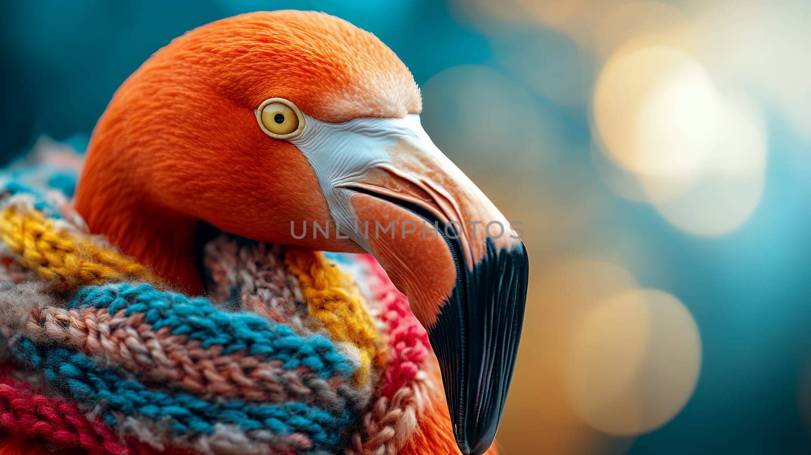 Vibrant flamingo draped in a colorful knitted scarf, blending warmth and elegance.