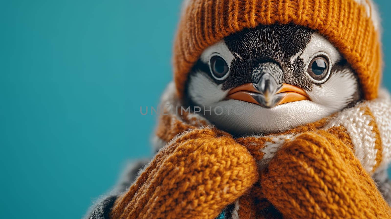 A cute penguin bundled up in a knitted hat and scarf, ready for the chilly weather.
