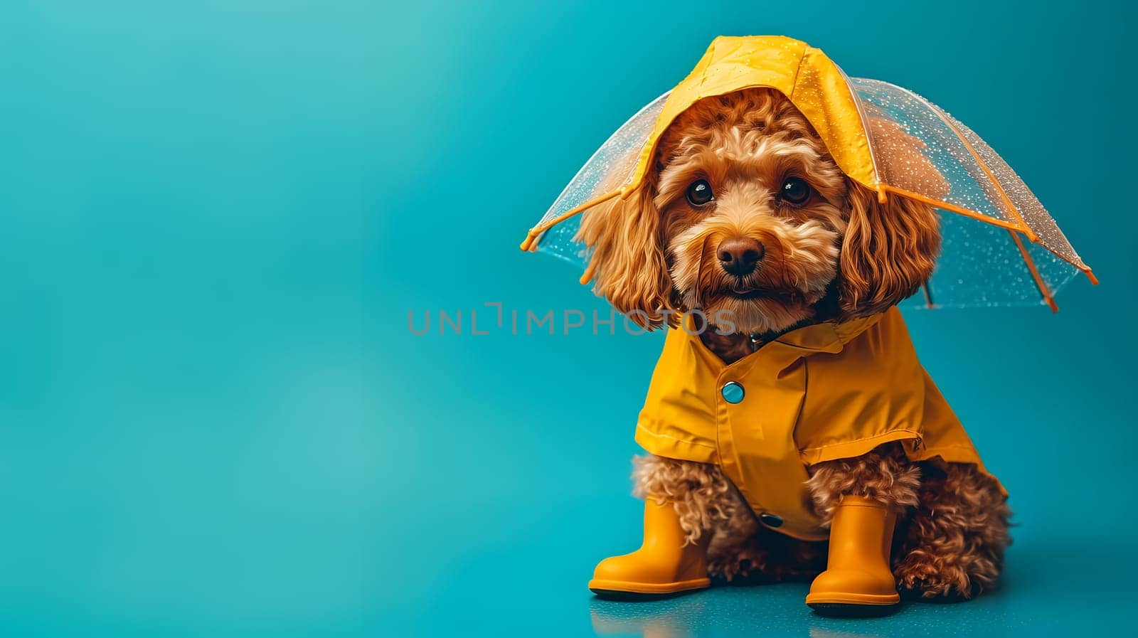 A cute dog wearing a yellow raincoat and holding an umbrella, ready for a rainy day adventure.