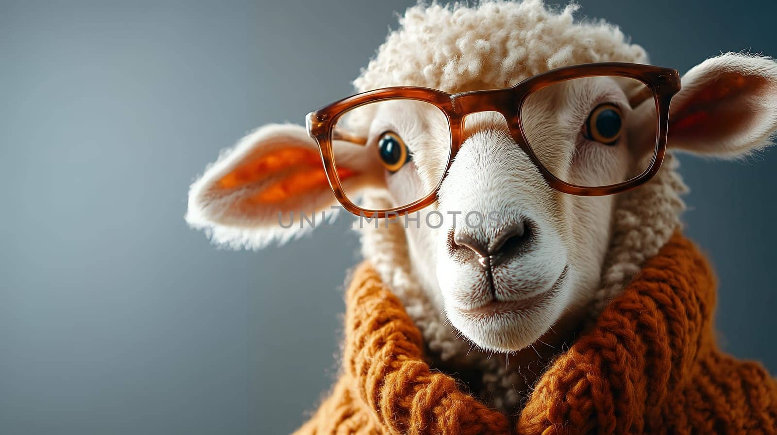 Stylish sheep wearing glasses and a cozy sweater poses for a portrait, showcasing a quirky and intellectual vibe.