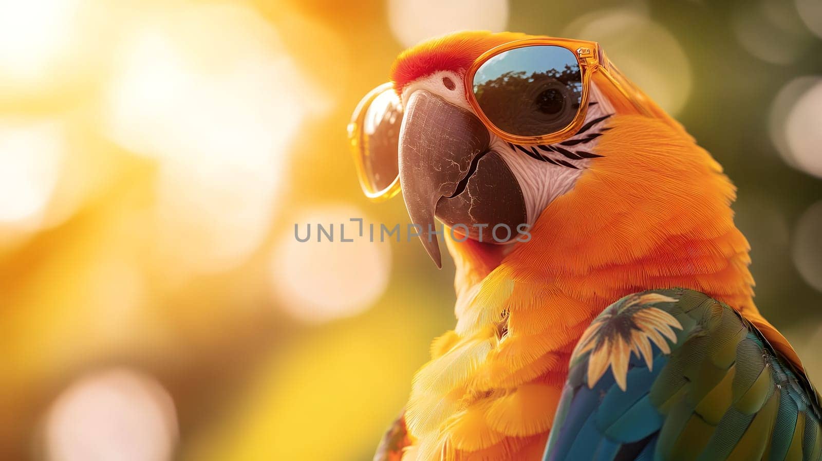A vibrant parrot wearing sunglasses, basking in the warm sunlight, exuding a cool and relaxed vibe.