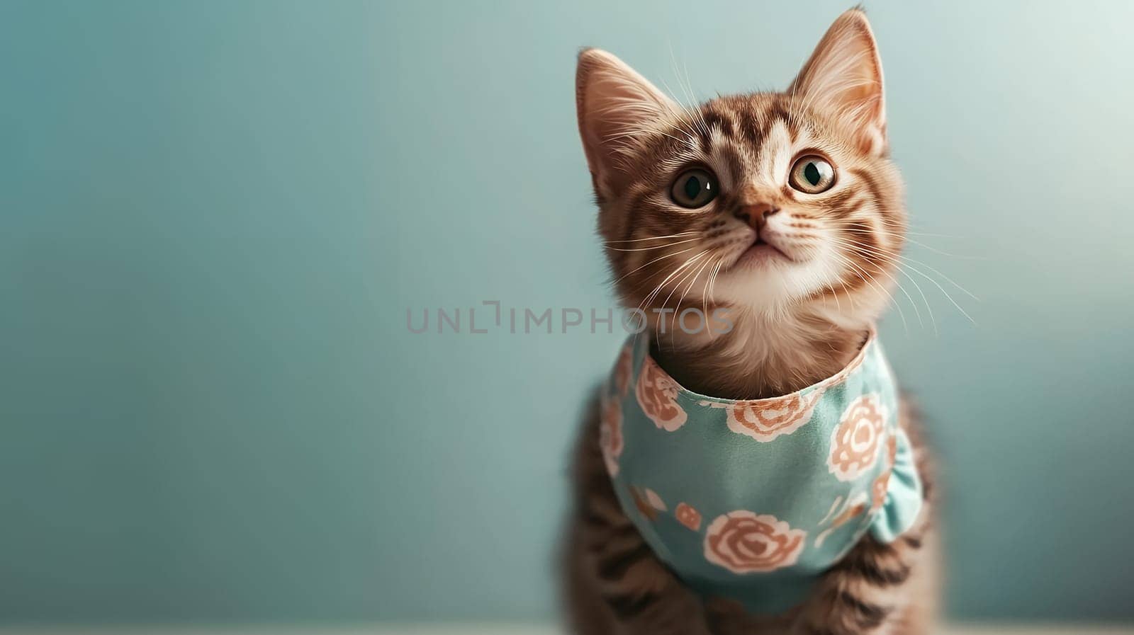 Cute kitten wearing a floral bandana sits against a soft background, exuding charm and innocence with copy space.