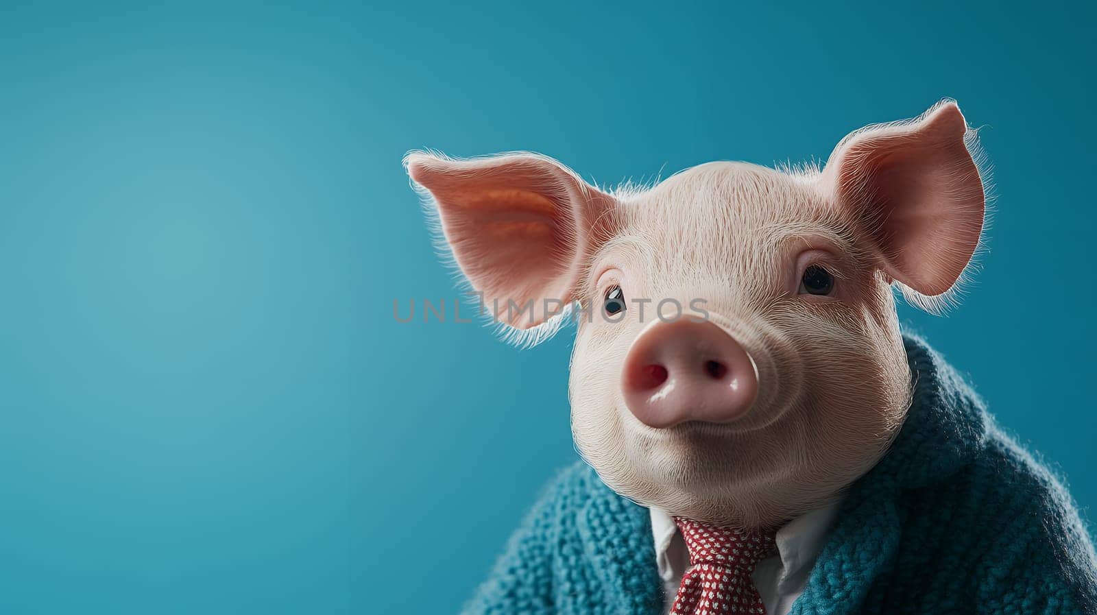 A charming piglet dressed in a smart suit and tie, exuding style and personality.